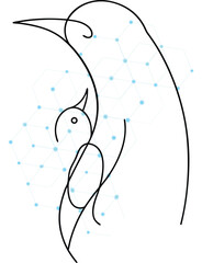 Elegant minimal line art of a parent penguin protecting its young with a network pattern in the background for technological synergy depicting nurturing in the digital age