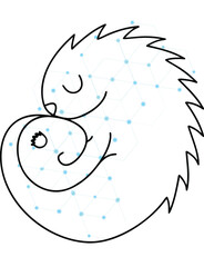 Stylized illustration of two hugging hedgehogs surrounded by a light blue hexagonal network pattern suggesting connection and comfort for digital or print use