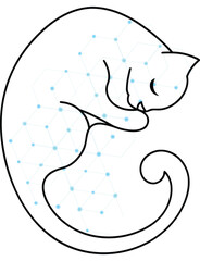 Abstract Sleeping Cat Line Art with Futuristic Network Connection Pattern Overlay for Modern Design and Creative Technology Concepts Showcasing Connectivity and Minimalism
