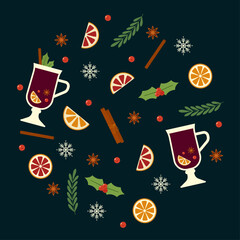 Simple stickers with mulled wine, orange slices and christmas elements in flat style. New Year set with mistletoe and snowflakes. Winter collection in geometric shapes