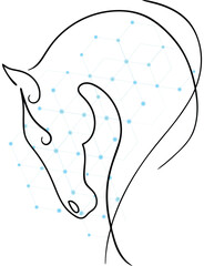 Modern horse illustration in continuous line art style with geometric network connections creating a high tech innovative design on a clean white backdrop