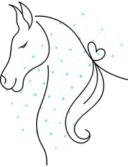 Elegant horse head outline with soft blue network design providing a creative visual for technology integrated with nature and animal wellness solutions with a modern aesthetic
