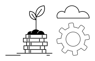 Plant sprouting on coin stack symbolizes financial growth, cloud showcases innovation, gear represents industrial progress. Ideal for finance, sustainability, investment, growth, innovation, ecology