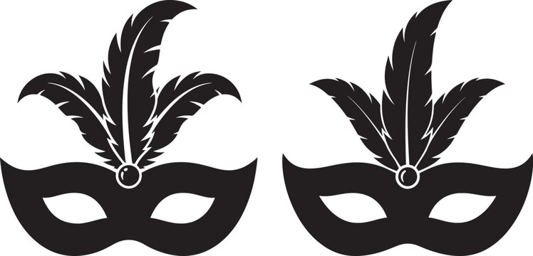 Two ornate feathered masquerade masks displayed side by side silhouette