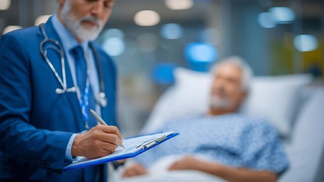 Medical professional reviewing patient charts while observing patient in bed, calm hospital room, close-up showing focus and patient care details