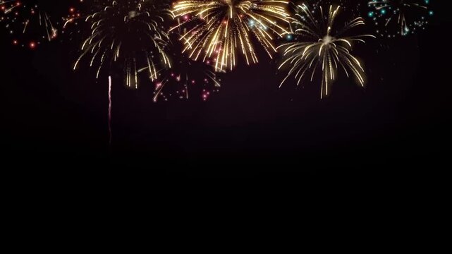 Colorful bursts of festive fireworks exploding and falling on a black night sky. Ideal for celebrations, New Year's, holidays, and event promotion.