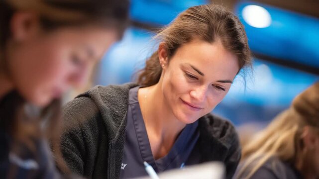 Professional development training session for nurses, collaborative atmosphere, group reviewing patient care protocols, focused expressions, modern classroom lighting