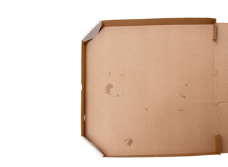 Empty pizza box with grease stains, showcasing a classic takeout experience. Ideal for food-related marketing and restaurant themes, represents casual dining.