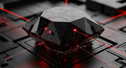 Stunning futuristic diamond core with glowing red circuits and data streams symbolizes advanced technology, innovation, and AI power for a modern digital world.
