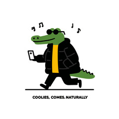 Cool crocodile strolling stylishly while listening to music and enjoying the day with a phone in hand