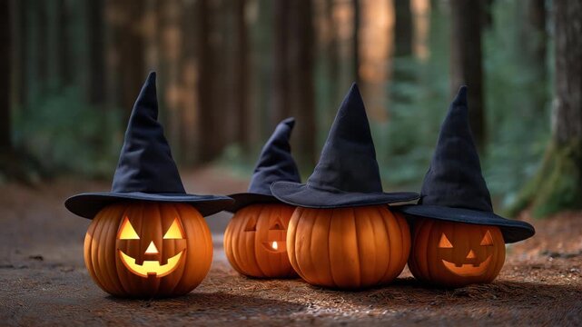 Group of pumpkins wearing witch hats arranged near spooky forest path, emotion of adventure and mystery visible, representing outdoor Halloween decorations, autumn folklore aesthetics, and