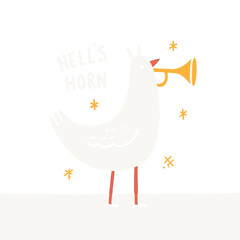 Cute white bird playing a trumpet with a cheerful expression and colorful accents in a whimsical flat design style