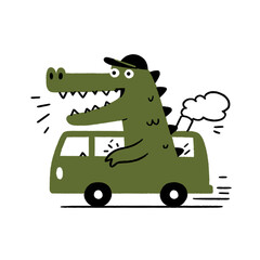 Whimsical crocodile driving a vintage van with a playful hat, cruising through a sunny landscape