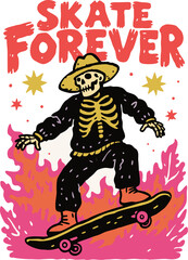 Skeleton skater performing tricks in vibrant colors under a fiery backdrop with catchy text celebrating skate culture