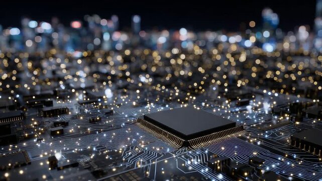 Top-view close-up of advanced circuit board with densely packed microchips, illuminated conductive lines, abstract tech pattern conveying innovation