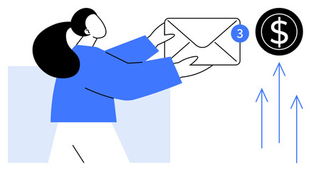Woman holding email with notification badge, dollar sign nearby, and arrows indicating growth. Ideal for communication, finance, marketing, email campaigns, success, business growth simple flat
