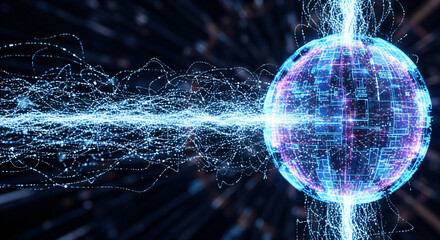 Dynamic digital sphere illuminated with glowing blue data streams and intricate circuit patterns, representing AI and connectivity.