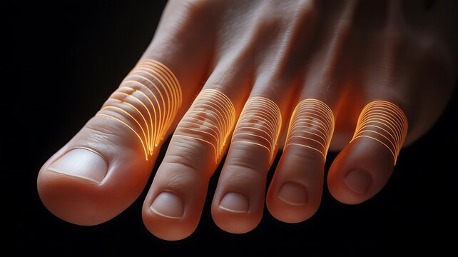 Closeup of a human foot with glowing lines on toes