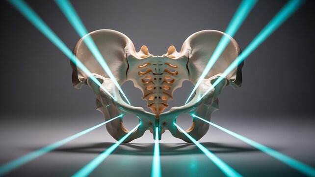 Anatomical illustration of the human pelvis with radiating blue light beams