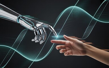 Robot and human hand reaching out, symbolizing ai and humanity connection