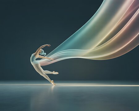 Ballet dancer gracefully moves with flowing colorful fabric