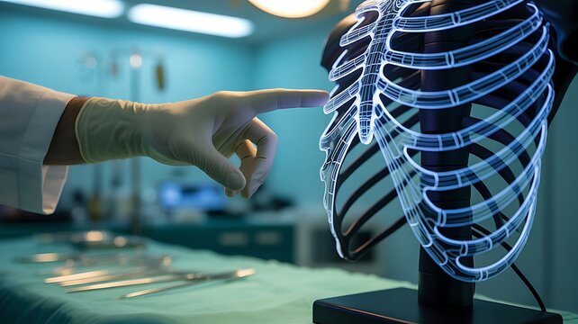 Doctor pointing at holographic rib cage model in operating room