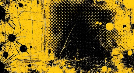 Vibrant Abstract Grunge Background with Halftone Dot Zoom Effect and Energetic Paint Splatters