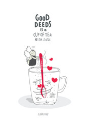 Vector cartoon sketch of Angel who makes tea with love. Concept of assistance, care, philanthropy and support. Giving and sharing love, donating.Self-Love, Mental Health, and positive Psychotherapy. 