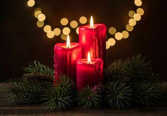 Three red candles on pine branches with pine cones, warm ambiance, festive decoration, on dark background with bokeh lights
