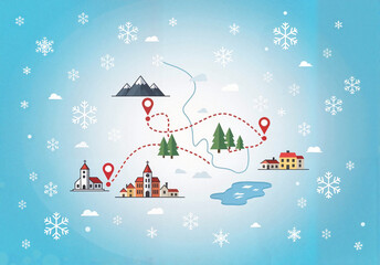 Illustrated winter map with snowflakes, routes, and landmarks like mountains and buildings, on blue background, copy space
