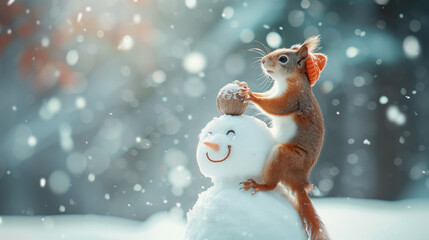 AI generated playful winter scene with a cute squirrel decorating a smiling snowman with a nut. Perfect for holiday branding, seasonal campaigns, and whimsical winter marketing visuals.