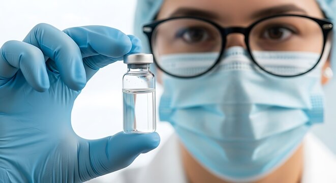 Close up of a healthcare professional wearing a mask and gloves holding a small vial of liquid