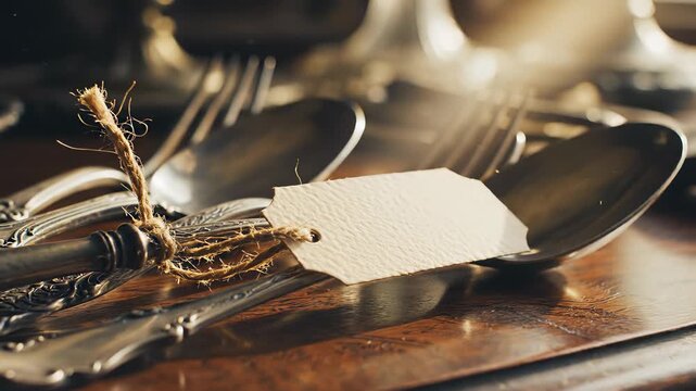 Vintage inspired silverware arrangement with tags on table perfectly encapsulates the concept of "business to anything" (BTA) while evoking timeless, classic design elements suitable for luxury.