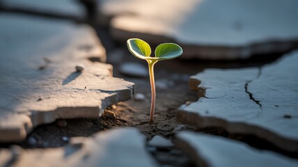 A tiny sprout emerges from cracked dry earth, symbolizing hope