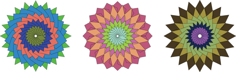 Vibrant geometric mandala flower vector design with layered colorful petals, modern abstract symmetry pattern for decorative art, textile, wallpaper, digital background, and bohemian style concept.