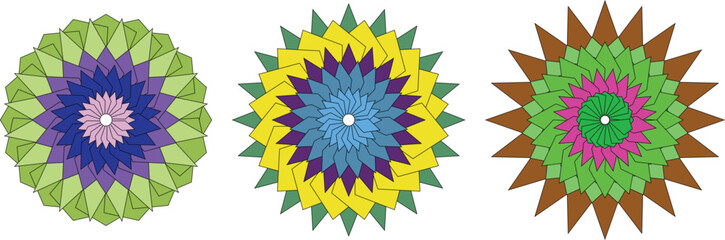 Vibrant geometric mandala flower vector design with layered colorful petals, modern abstract symmetry pattern for decorative art, textile, wallpaper, digital background, and bohemian style concept.