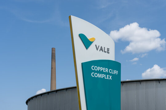 Sudbury, Ontario, Canada- July 23, 2023: A signage for Vale Copper Cliff Complex is seen in Sudbury, Ontario, Canada. Vale Canada is a majority owned subsidiary of the Brazilian mining company Vale. 