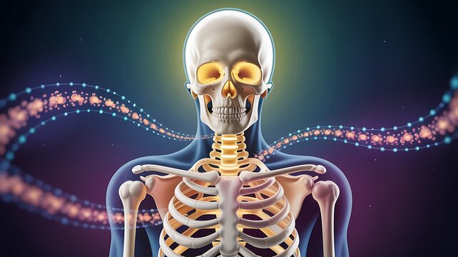 Anatomical illustration of a human skeleton with glowing energy pathways