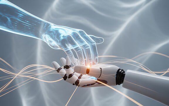 Human and robot hands connecting in a futuristic digital interface