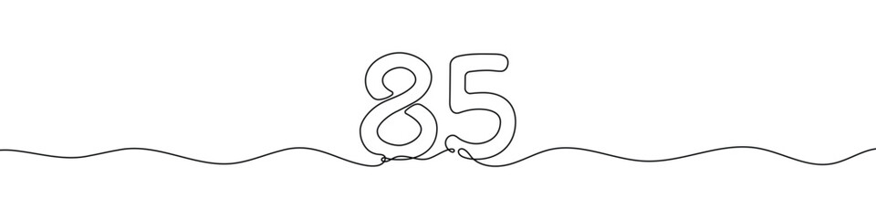 Number 85 continuous line vector illustration. Minimalist monoline drawing style for birthday, anniversary, or typography design.