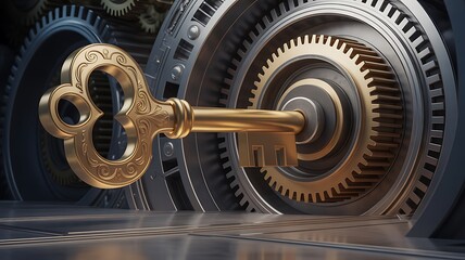 Golden ornate key inserted into a complex gear mechanism