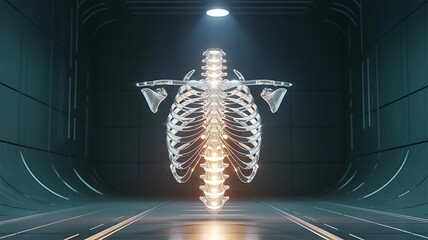 Glowing human skeleton hologram in futuristic scifi environment