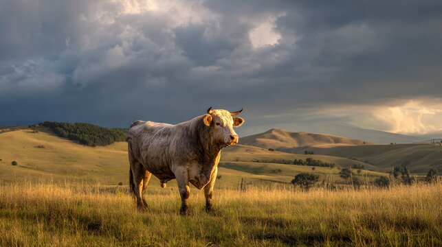 Powerful bull stands resolute beneath stormy skies a cinematic nature portrait of strength and golden hour beauty