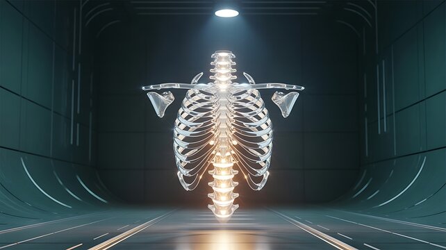Glowing human skeleton hologram in futuristic scifi environment