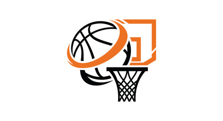Stylized basketball with an orange ring orbiting it, positioned above a basketball hoop and net, on a white background, representing motion and sport.