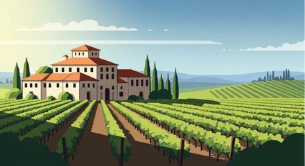 Naklejka premium Picturesque Vineyard Landscape with Tuscan Villa and Rolling Hills.