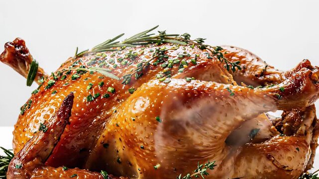 Roasted turkey with aromatic herbs and seasonings on a crisp white plate, capturing the warm and inviting concept of global cuisine, perfect for cooking show backgrounds or restaurant.