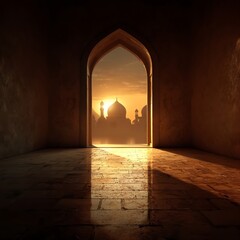 An interior view of a simple, empty room with smooth beige walls and a tiled stone floor. 