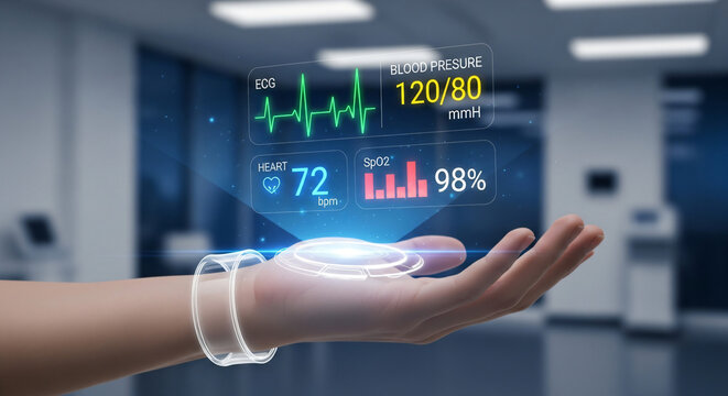 Cutting edge wearable health tracker displays ECG, blood pressure, heart rate and oxygen levels for proactive wellness monitoring and digital healthcare solutions