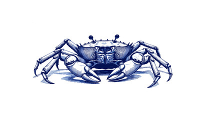 Fototapeta premium Vintage sketch of crab in blue ink on white background 
